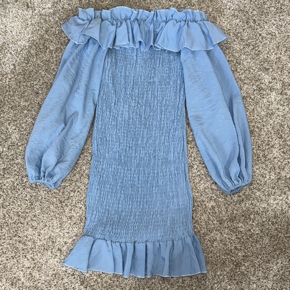 Light Blue Ruched Ruffle Dress - Picture 3 of 10